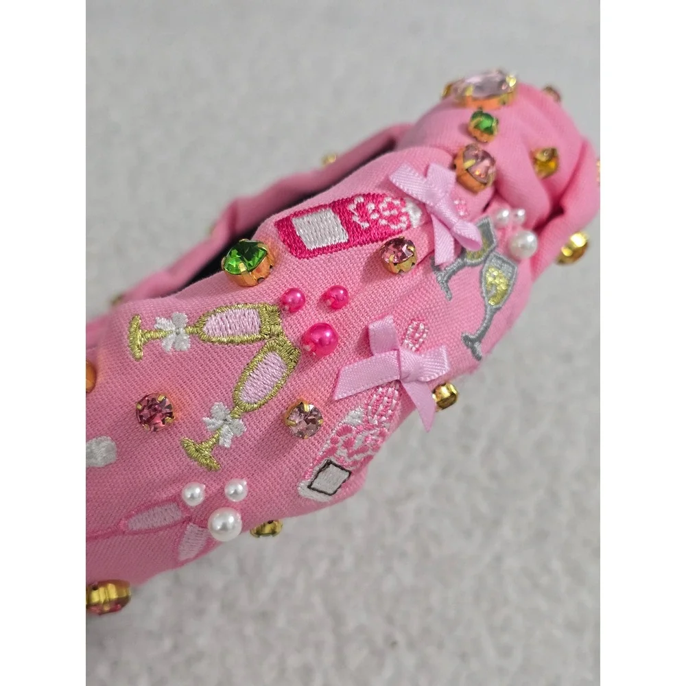 Brianna Cannon Pink Champagne Party Headband Crystals Pearls Embroidered Knotted